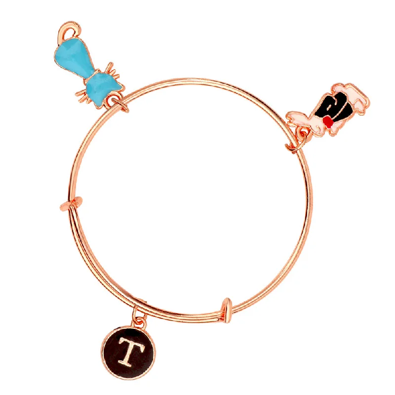 Customizable Gold Bangles for Personal Touch-Mahi T Letter Cat and Rabit Shaped Colorful Enamel Work Charms Kids Bracelets (BRK1100812Z)