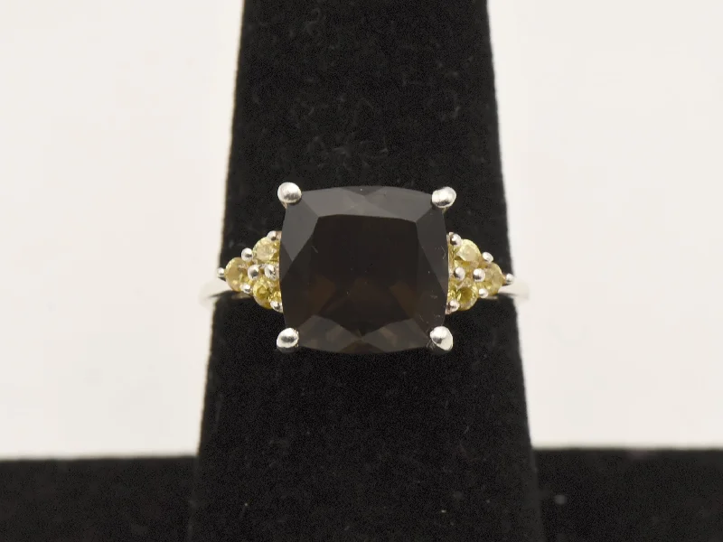 Vintage Engagement Ring for Women-Vintage Smoky Quartz and Rhinestone Sterling Silver Ring - Size 7