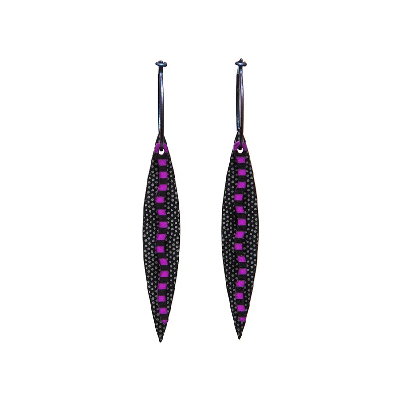 Handmade Earrings for Weddings-Lene Lundberg Narrow Double Black/Purple Leaf Earrings