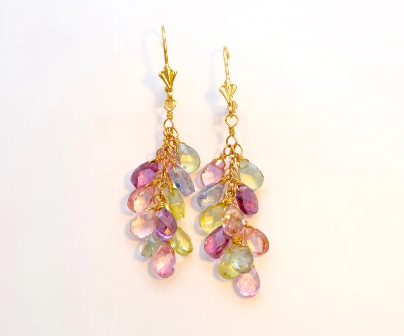 Elegant Long Earrings for Weddings-Assorted Gem "Hanging Grapes" Dangle Earrings in 14K Yellow Gold