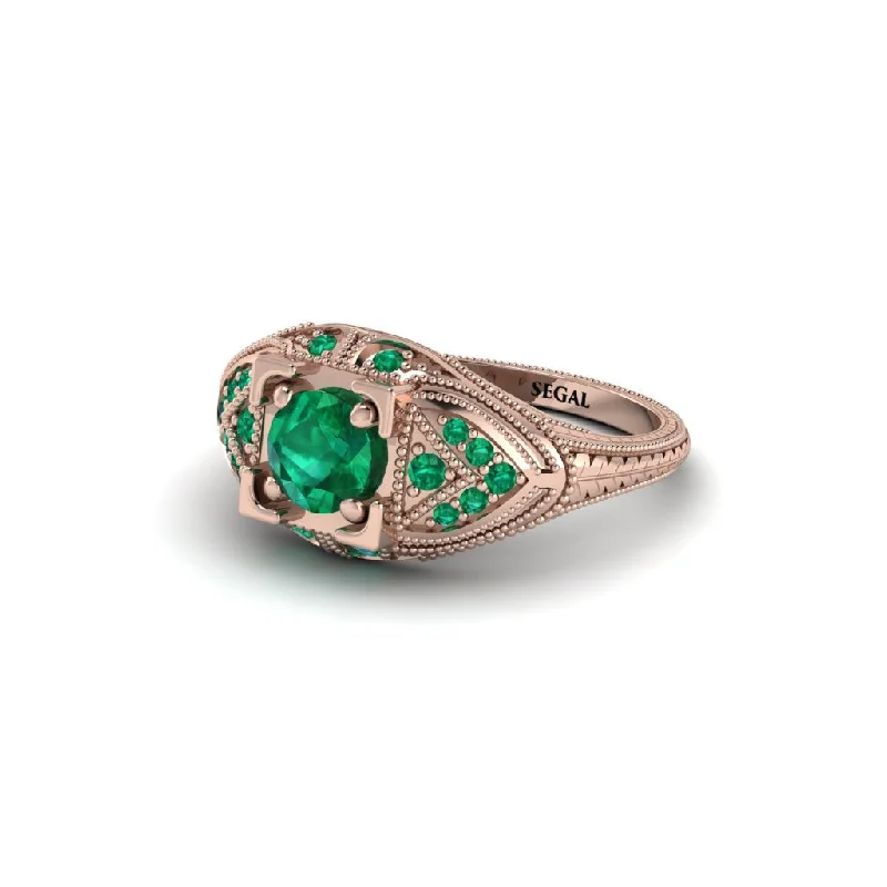 Custom Diamond Ring for Engagement-Round Emerald Filigree Art Deco Vintage Engagement Ring - Bree No. 20