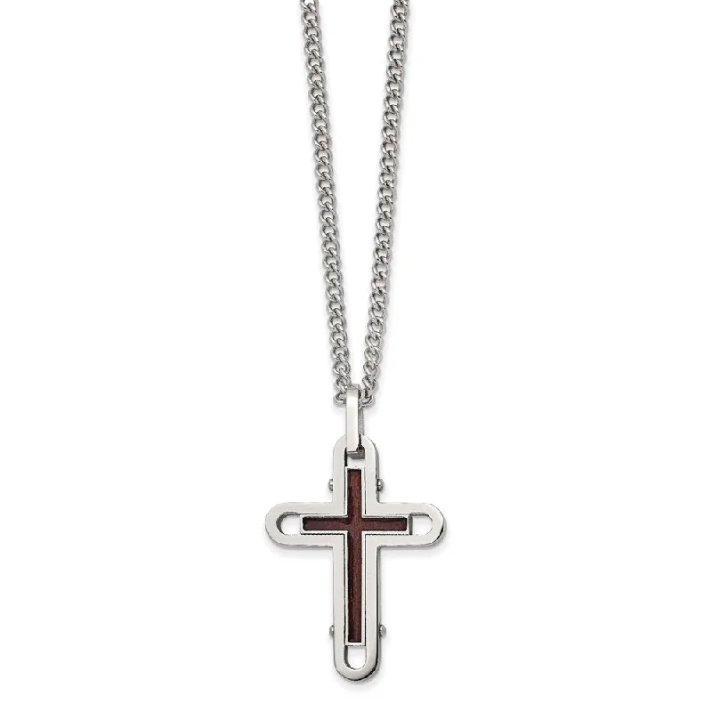 Gold Necklace with Crystal Pendant-Stainless Steel & Wood with Enamel Overlay Cross Necklace, 24 Inch