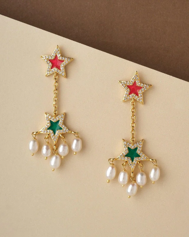 Crystal Earrings for Parties-Star Dual Hang Pearl Earring