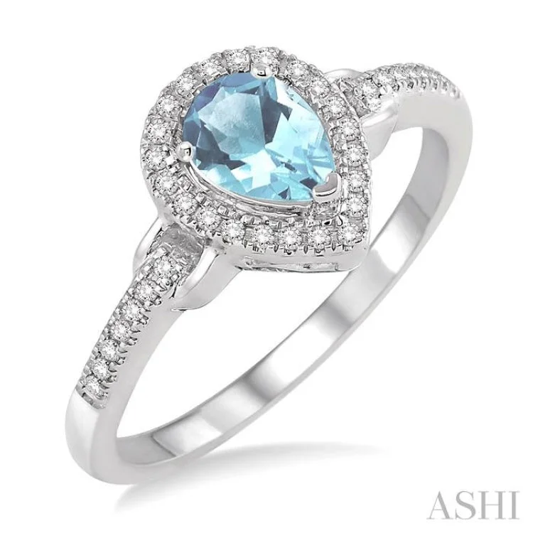 Classic Diamond Engagement Ring Set-7x5 MM Pear Shape Aquamarine and 1/6 Ctw Round Cut Diamond Ring in 10K White gold