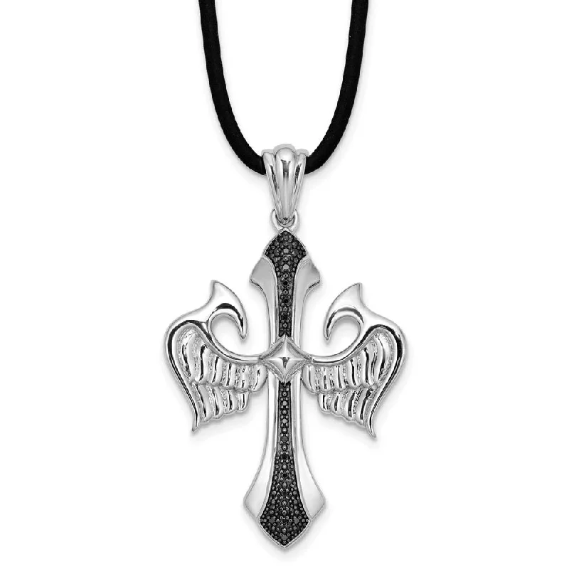 Handcrafted Silver Necklace for Gifts-Black Diamond Sterling Silver Cross with Wings & Rubber Cord Necklace