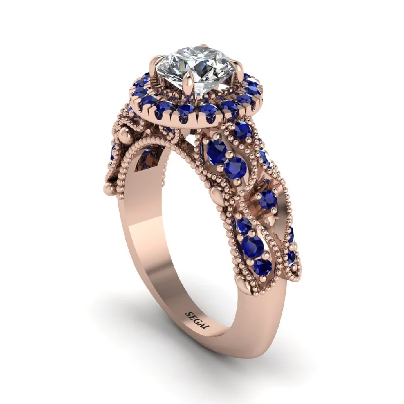 Wedding Band with Gemstones-Exclusive Halo Diamond Milgrain Engagement Ring - Kendra No. 62