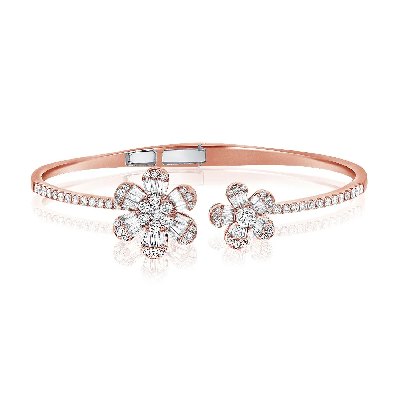 Customizable Silver Bracelet for Women-14K Rose Gold Baguette Double Flower Hinged Cuff Bracelet