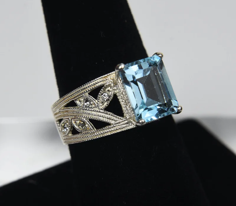 Custom Gold Wedding Ring for Women-Sterling Silver Light Blue Emerald Cut Ring - Size 7.75