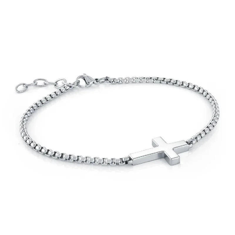 Custom Silver Bracelet with Charm for Gifts-STAINLESS STEEL SIDEWAYS CROSS BRACELET