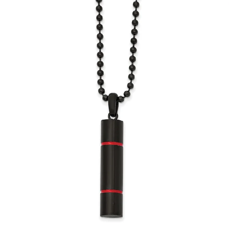 Vintage Style Chain Necklace-Black Plated Stainless Steel & Red Enamel Cylinder Necklace, 22 Inch