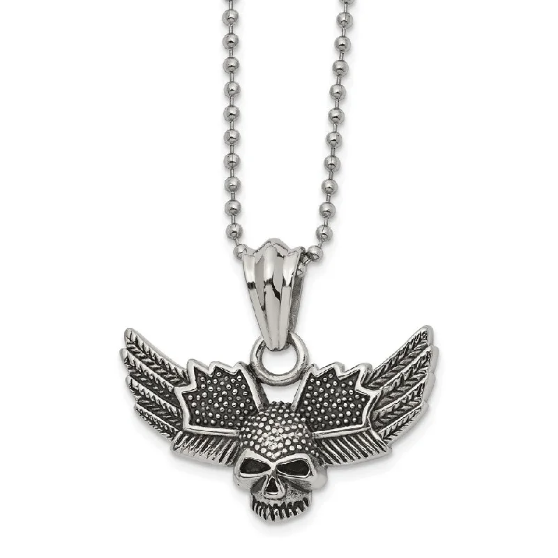 Choker Necklace for Women-Stainless Steel Textured Winged Skull Necklace, 22 Inch