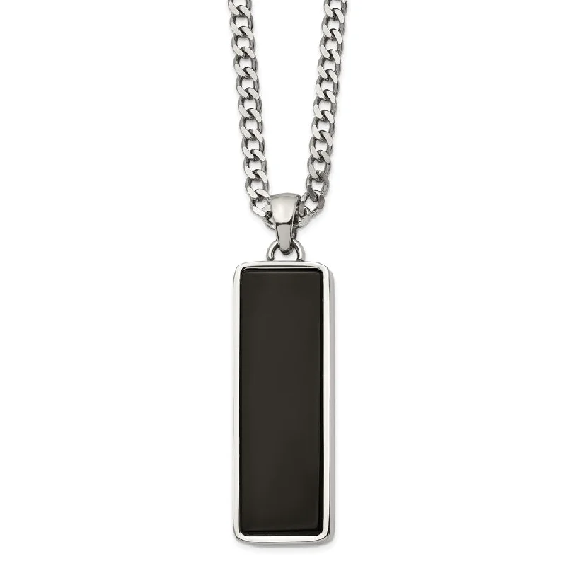 Layered Necklace with Multiple Charms-Men's Stainless Steel & Black Onyx Inlay Rectangle Necklace, 22 Inch