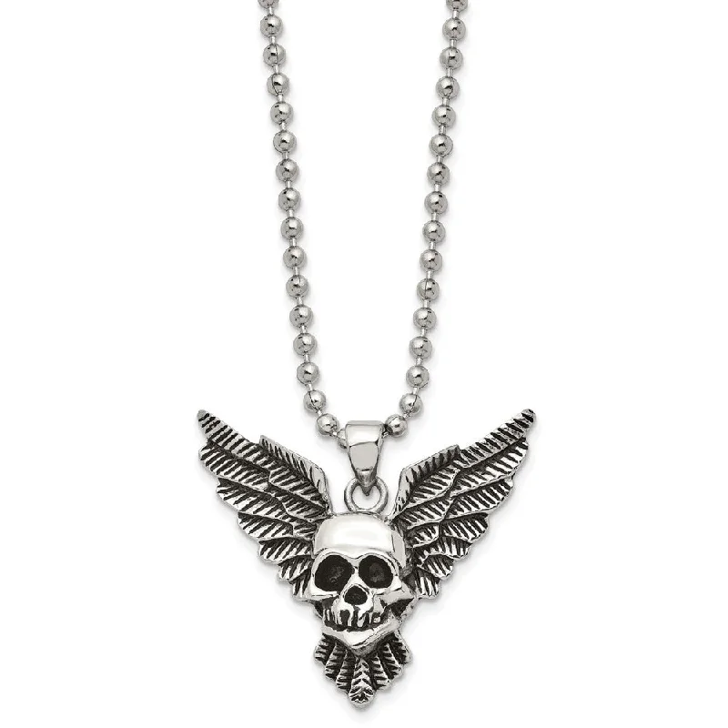 Simple Silver Chain Necklace-Men's Stainless Steel Antiqued & Polished Winged Skull Necklace, 22 In