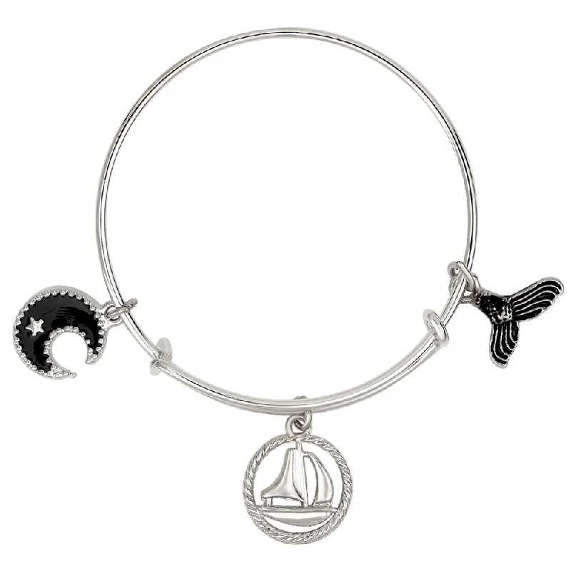 Fashionable Silver Bangles for Every Day-Mahi Ship & Moon Shaped Enamel Work Charm Bracelet with Rhodium Plated for Kids (BRK1100898R)