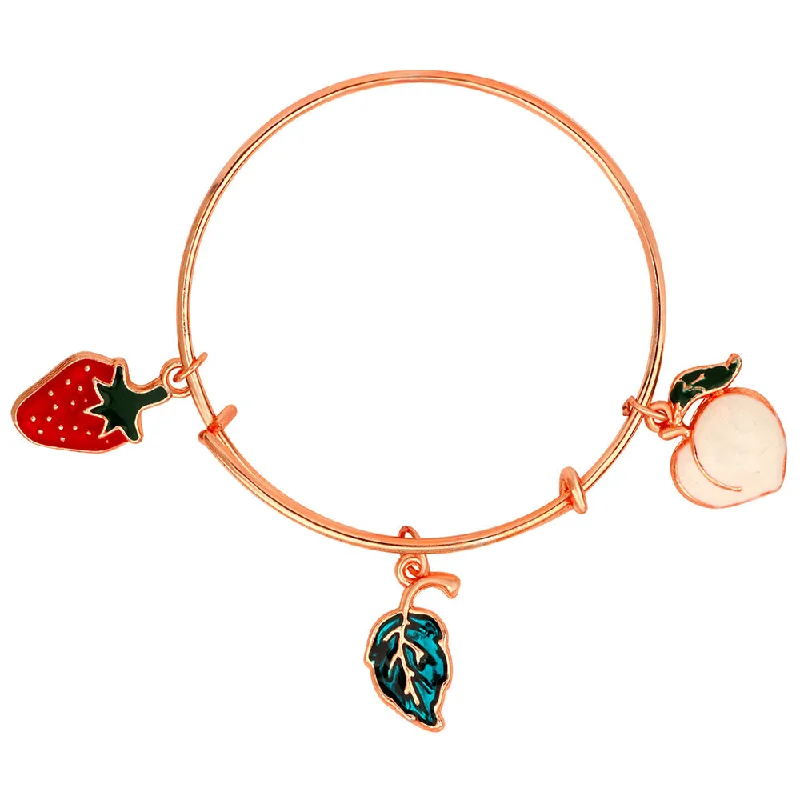 Beaded Bangles for Boho Style-Mahi Leaf & Strawberry Shaped Rose Gold Plated Enamel Work Charm Bracelet for Kids (BRK1100869Z)