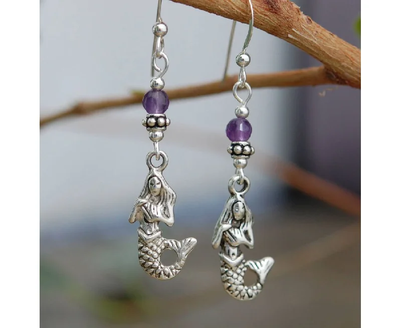 Simple Stud Earrings-Celtic Mermaid with Amethyst Earrings by Cruthú