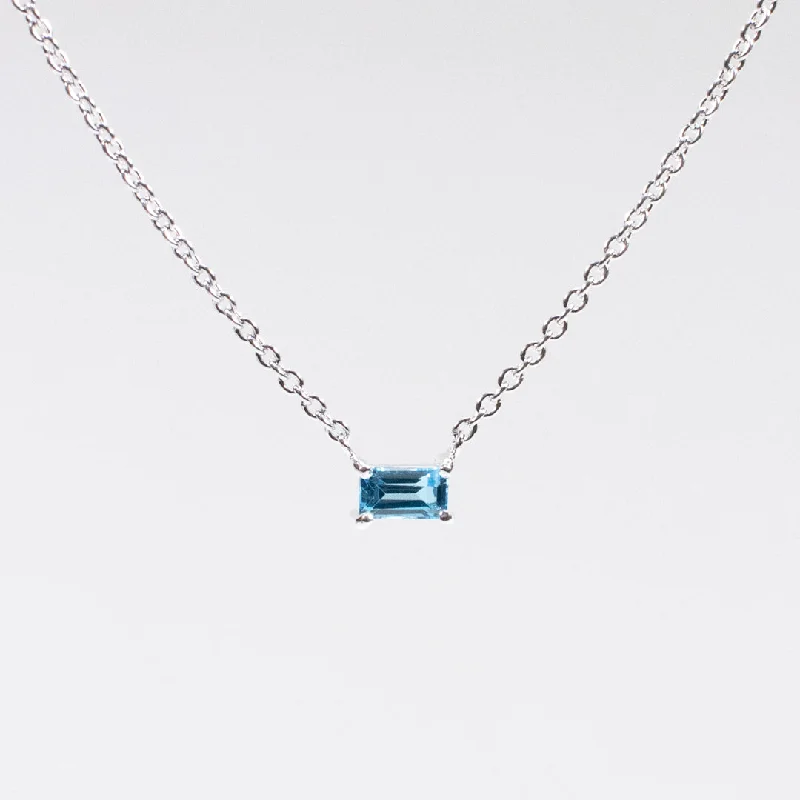 Unique Charm Necklace for Stylish Women-Silver Baguette Solitaire Blue Topaz Necklace