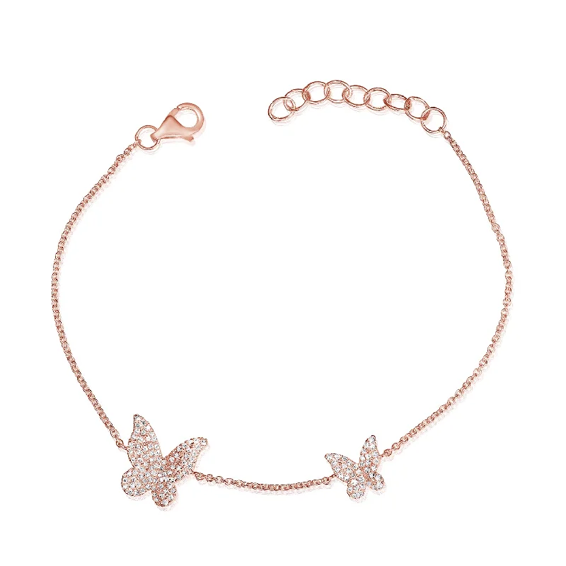 Charm Bracelet for Kids-14K Rose Gold Diamond Pave Double Butterfly Bracelet