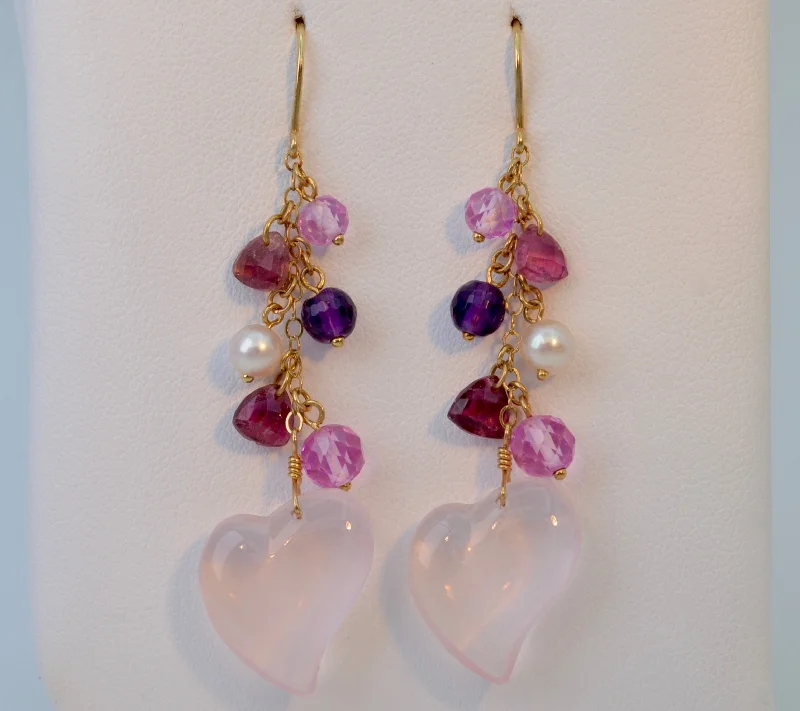 Elegant Earrings for Bridal Parties-Rose-Quartz/Pearl Heart Dangle Earrings