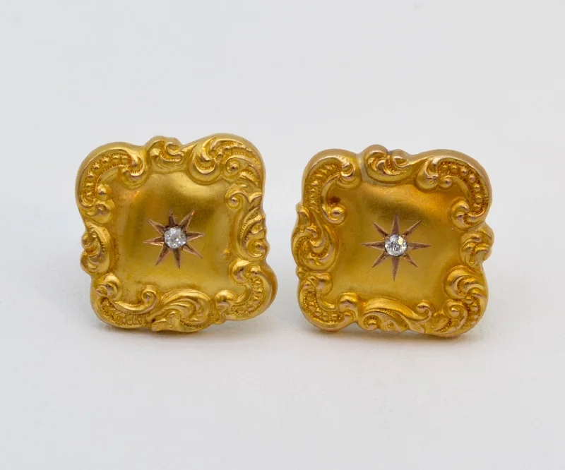 Stud Earrings for Every Day-18K Art Nouveau Gold Earrings with Rose-Cut Diamond