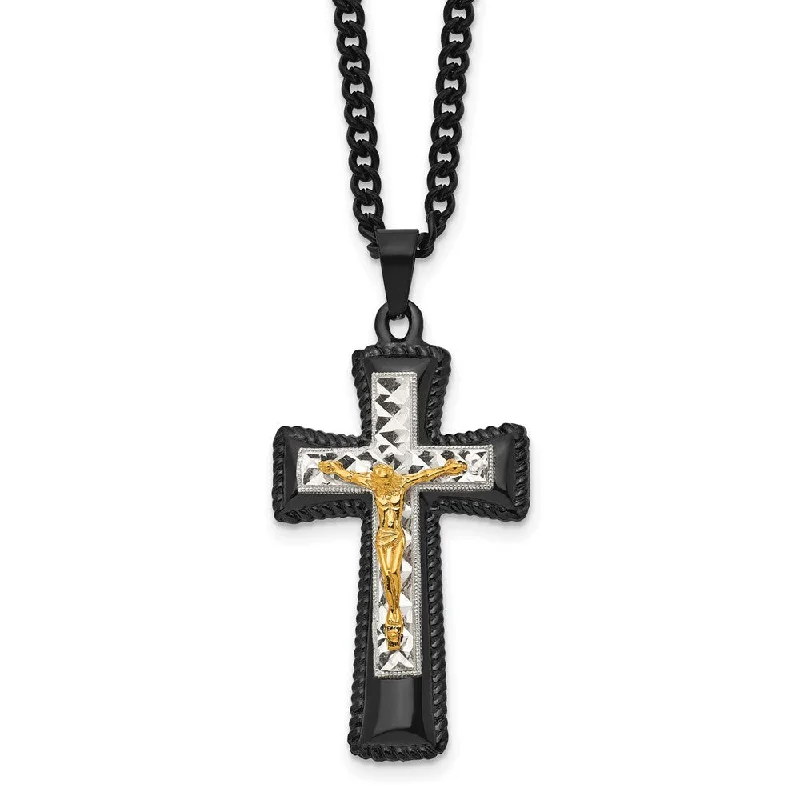 Sapphire Necklace for Evening Wear-Men's Stainless Steel Tri-Color Crucifix Cross Necklace, 24 Inch