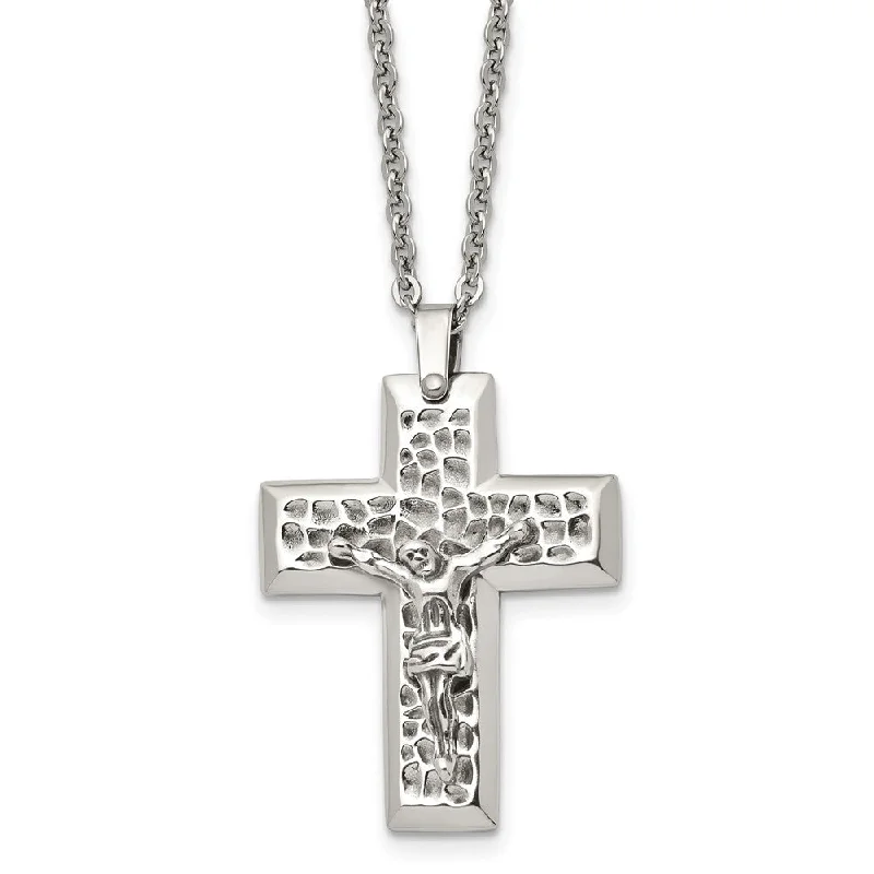 Black Pearl Necklace for Elegant Look-Men's Stainless Steel Textured Crucifix Cross Necklace, 20 Inch