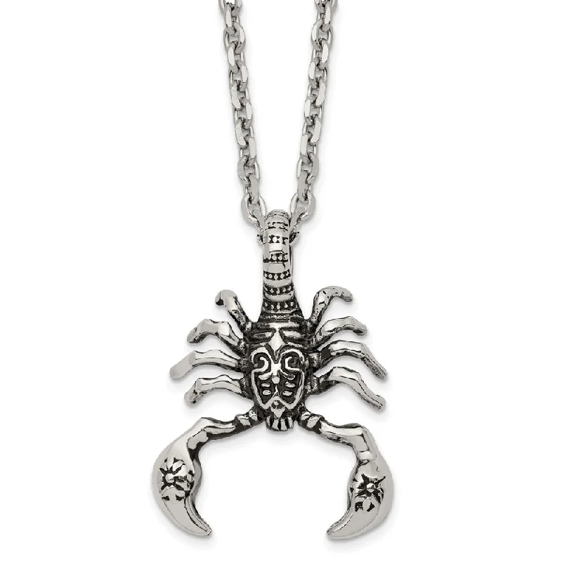 Customizable Charm Necklace-Men's Stainless Steel Antiqued Scorpion Necklace, 24 Inch