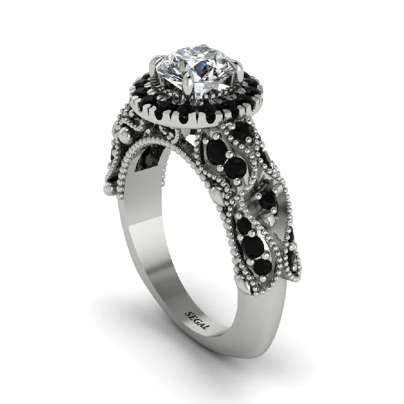 Silver Stackable Ring Set for Fashion-Exclusive Halo Diamond Milgrain Engagement Ring - Kendra No. 33