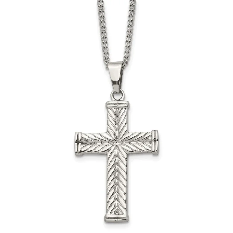 Sterling Silver Necklace for Casual Wear-Stainless Steel Textured Wheat Design Cross Necklace - 22 Inch