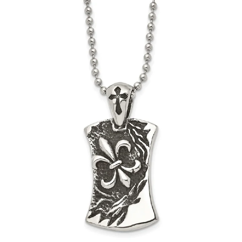 Artistic Gemstone Necklace-Men's Stainless Steel Antiqued Fleur de lis Dog Tag Necklace, 22 Inch