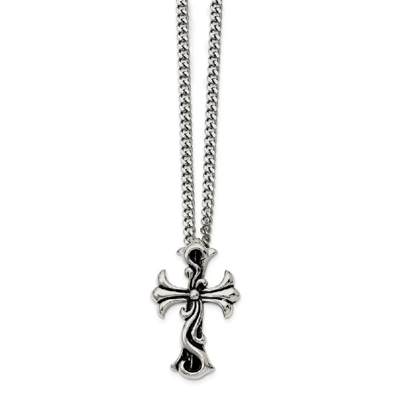 Silver Choker Necklace for Fashion-Antiqued Stainless Steel Medieval Cross Necklace - 22 Inch