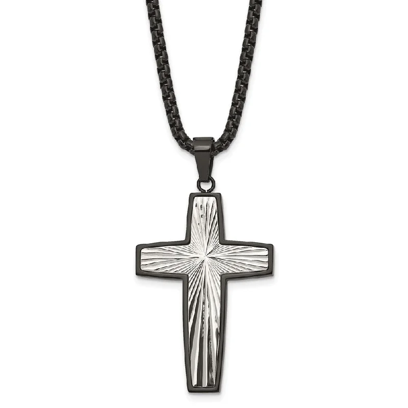 Diamond Necklace for Wedding-Black Plated Stainless Steel Polished Starburst Cross Necklace, 24 In