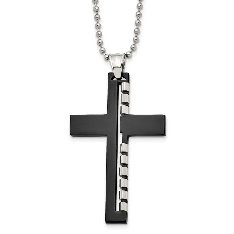 Simple Silver Chain Necklace-Men's Stainless Steel Black Plated LG Cut Out Cross Necklace, 22 Inch