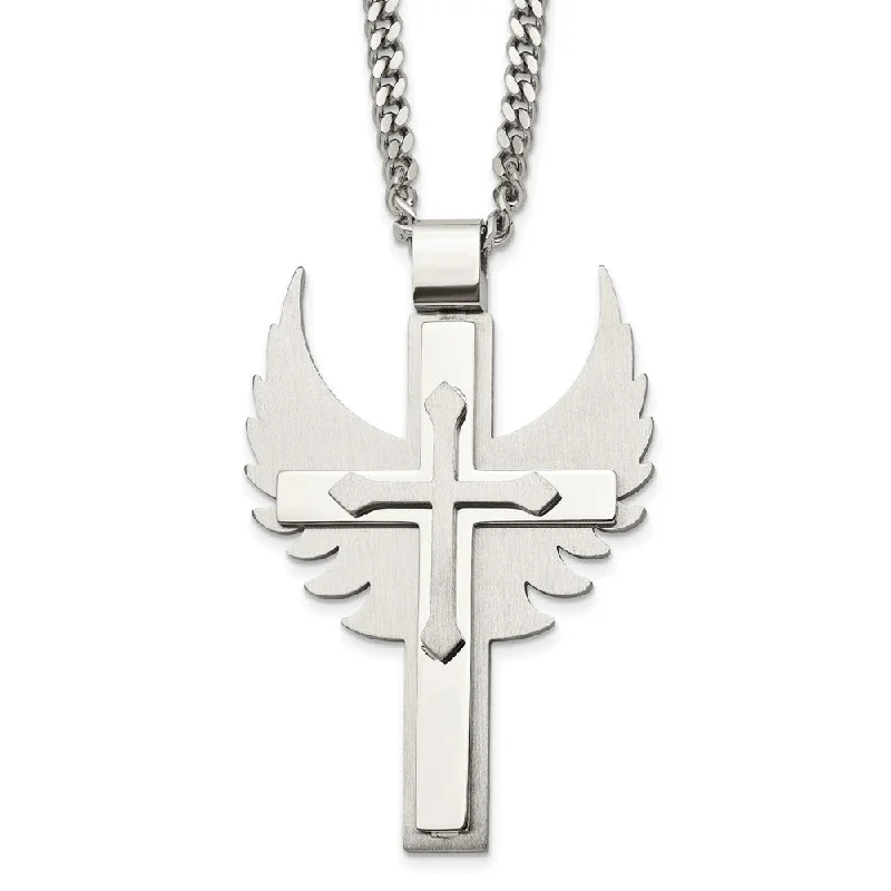 Modern Necklace for Evening Outfits-Mens Stainless Steel XL Winged Cross Necklace, 20 Inch