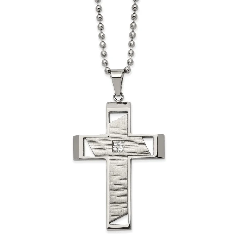 Gemstone Necklace for Evening Wear-Men's Stainless Steel & CZ Brushed & Textured Cross Necklace, 22 Inch