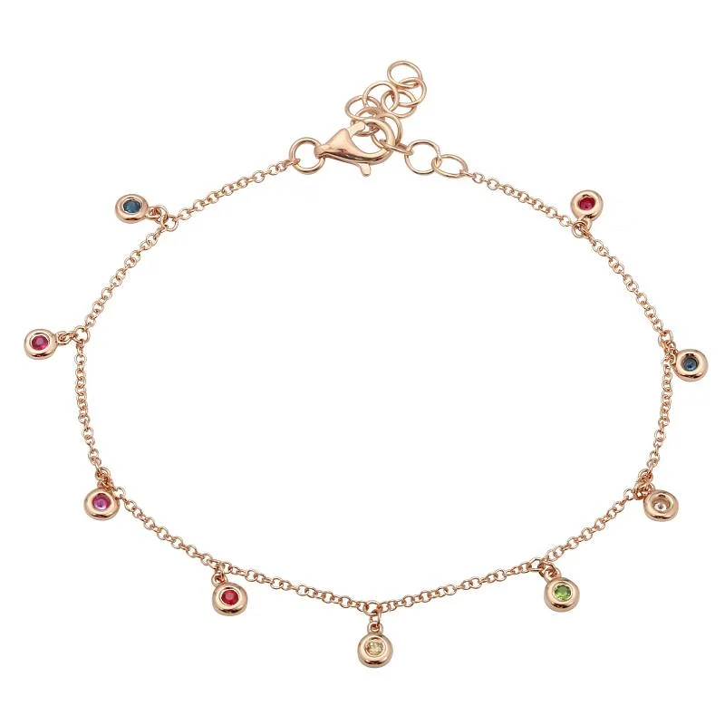 Trendy Bracelet for Young Women-14K Rose Gold Dangling Rainbow Bracelet