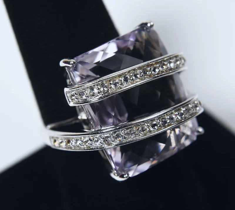 Solitaire Diamond Ring-Beautiful Large Amethyst Sterling Silver and Cubic Zirconia Ring - Size 8