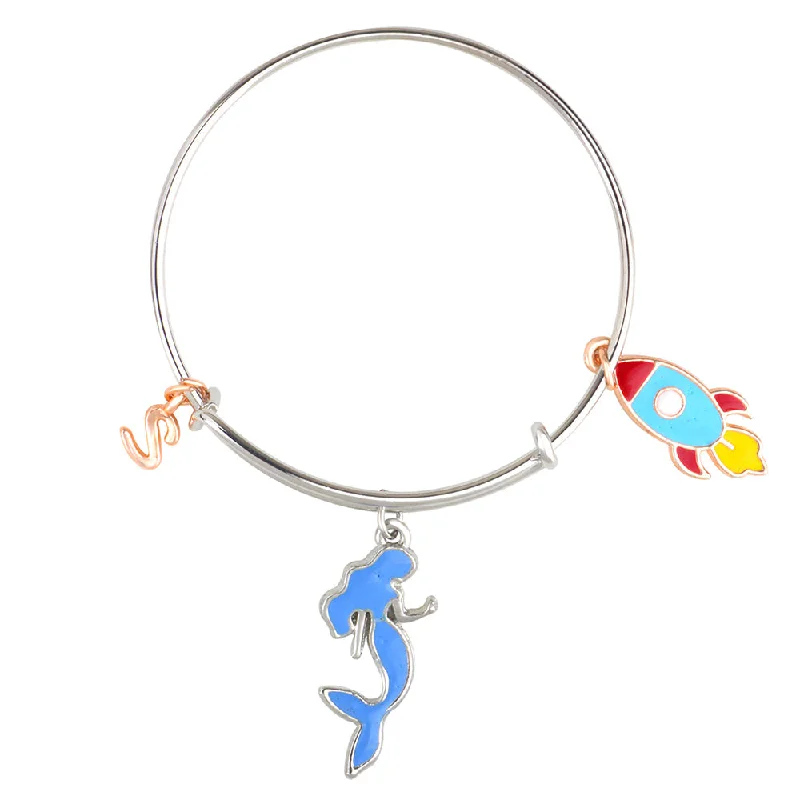 Handcrafted Bangle Bracelets for Women-Mahi S Letter Mermaid & Rocket Shaped Enamel Work Charms Kids Bracelets for Kids (BRK1100942M)