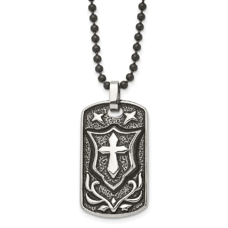 Luxury Gold Necklace for Weddings-Stainless Steel Antiqued Embossed Cross Shield Dog Tag Necklace, 24 In