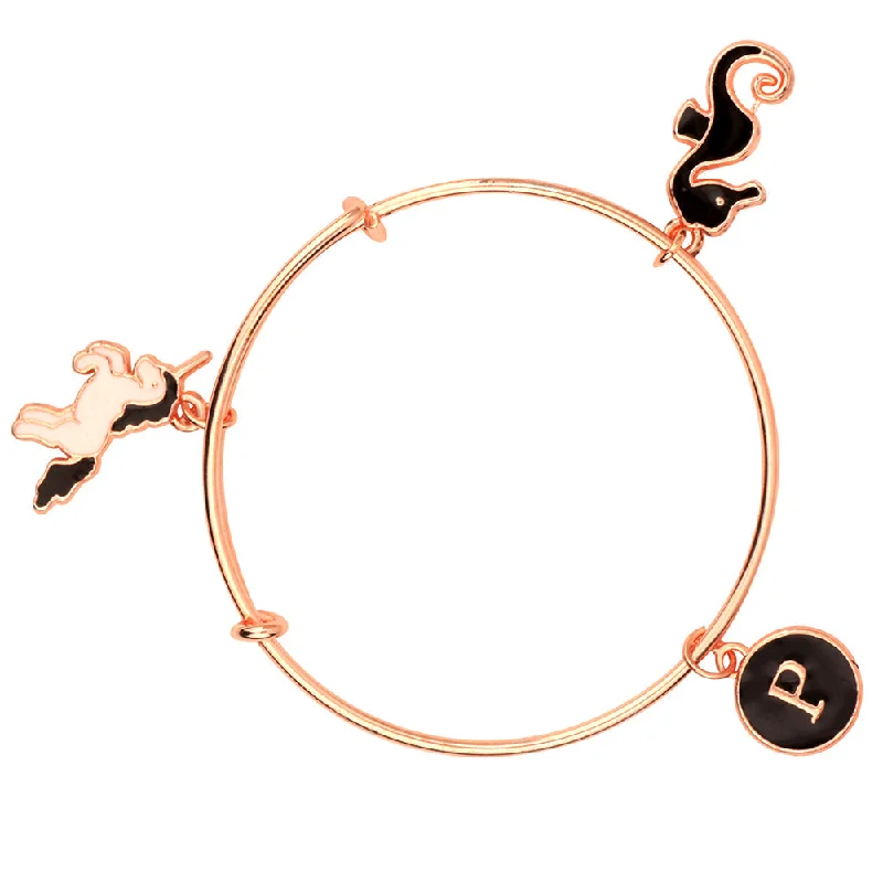 Silver Bangles for Women with Gemstones-Mahi P Letter & Sea Horse, Unicorn Shaped Rose Gold Plated Charm Bracelet for Girls (BRK1100834Z)