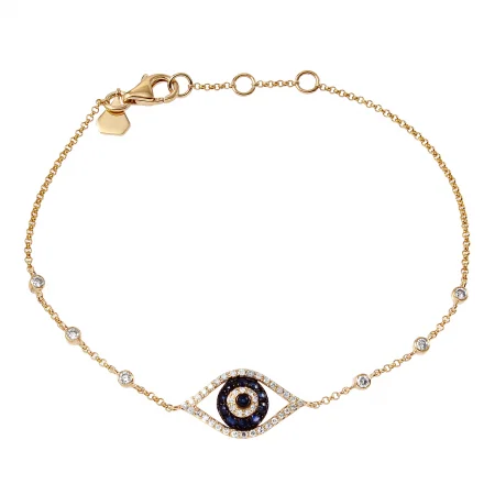 Simple Gold Bracelet with Engraving-14K Yellow Gold Diamond and Blue Sapphire "Evil Eye" Bracelet