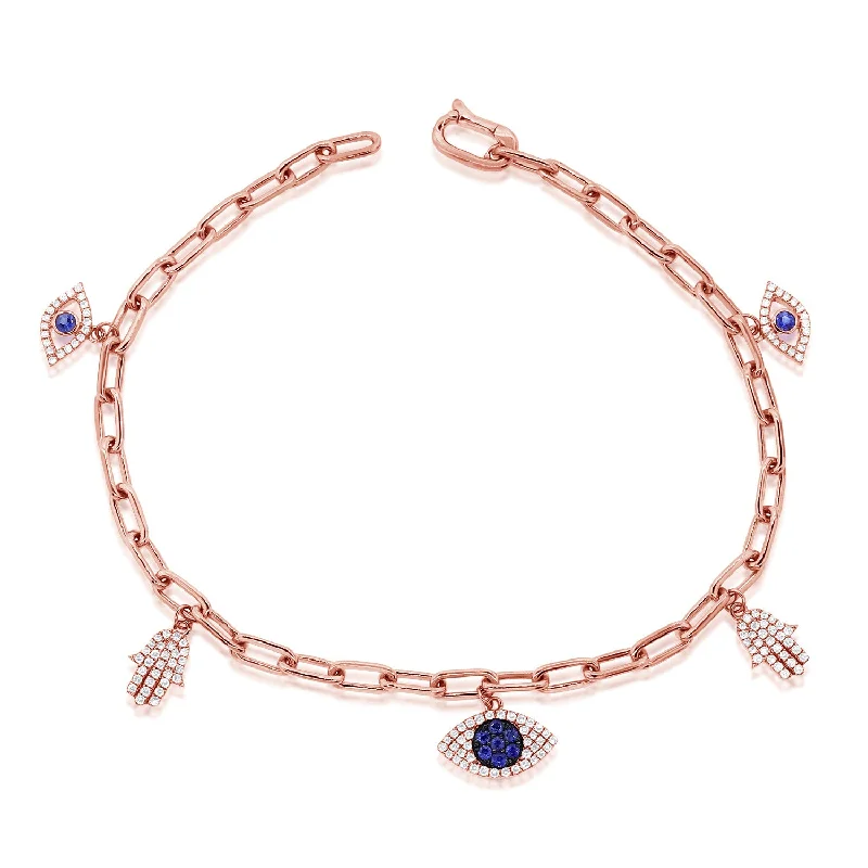 Minimalist Bracelet for Women-14K Rose Gold Diamond and Sapphire Charm Bracelet