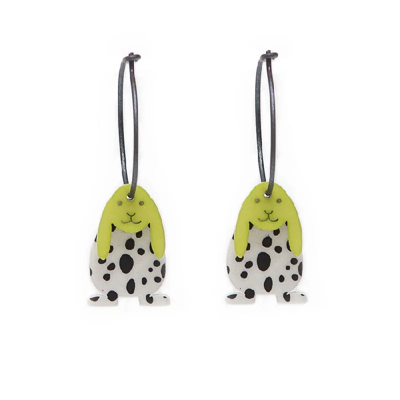 Elegant Drop Earrings for Weddings-Lene Lundberg K Form Black/White Splodge and Lime Bunny Earrings