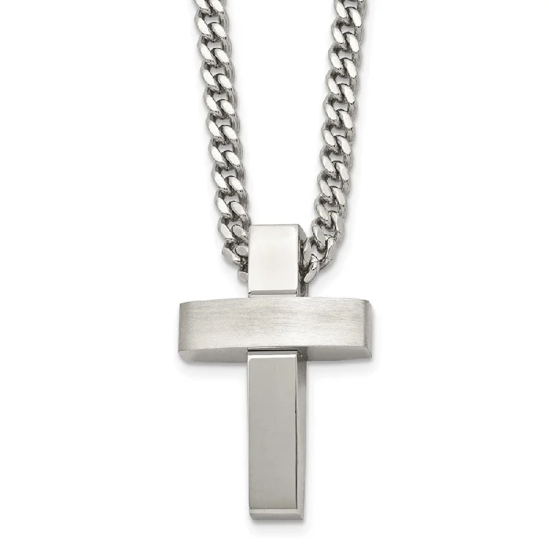 Layered Necklace with Multiple Charms-Men's Stainless Steel Large Brushed & Polished Cross Necklace, 20 Inch