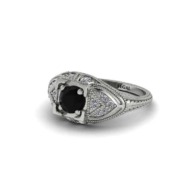 Wedding Ring Set with Matching Bands-Round Black Diamond Filigree Art Deco Vintage Engagement Ring - Bree No. 9