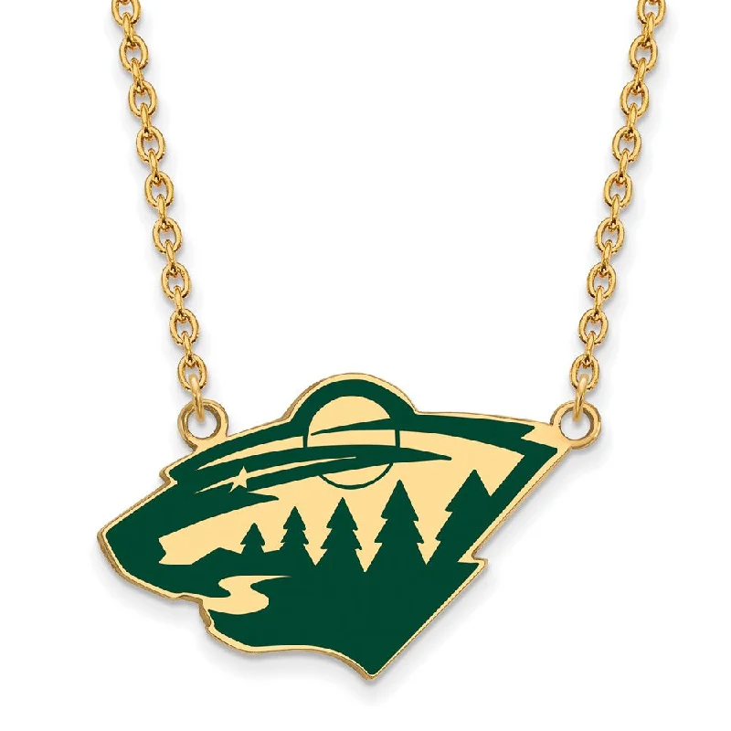 Handcrafted Necklace for Wedding Gifts-SS 14k Yellow Gold Plated NHL Minnesota Wild LG Enamel Necklace, 18 In