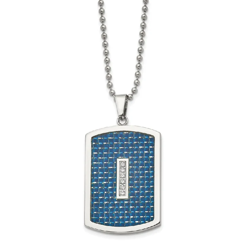 Personalized Family Birthstone Necklace-Mens Stainless Steel, CZ & Blue Carbon Fiber Dog Tag Necklace, 22 Inch