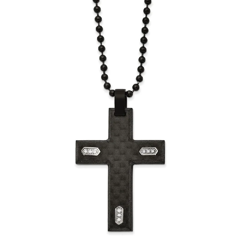 Simple Gold Pendant Necklace-Black Plated Stainless Steel, Carbon Fiber, CZ Cross Necklace, 24 Inch