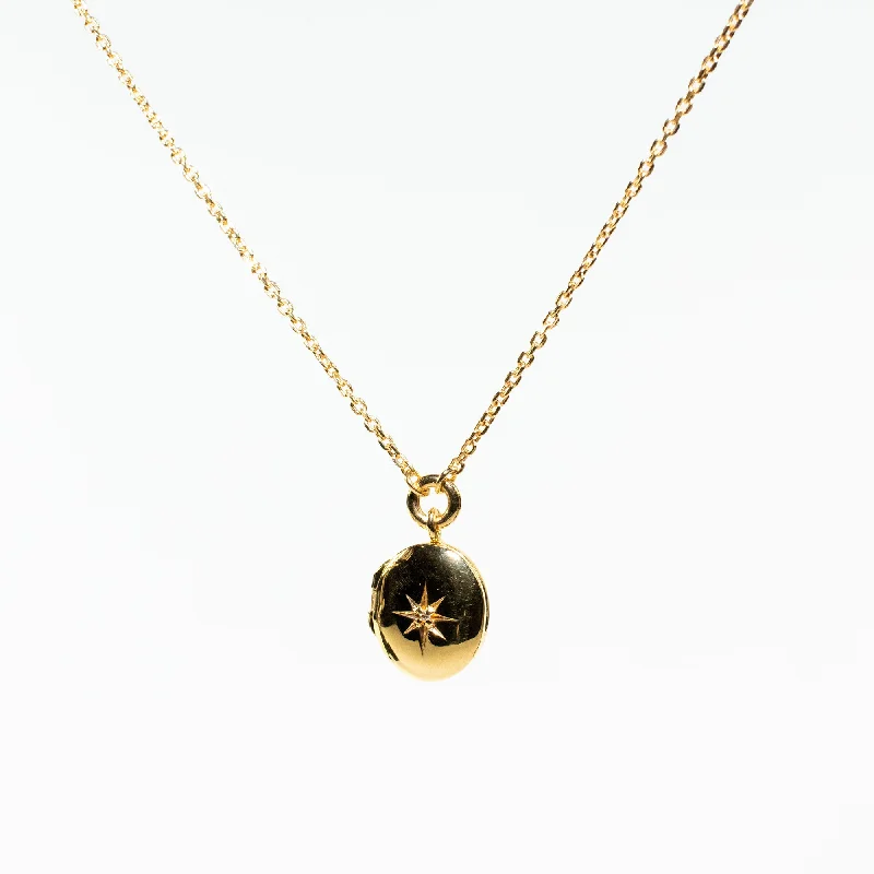 Gold Chain Necklace for Women-Oval Star Set Gold Vermeil Locket with White Sapphire