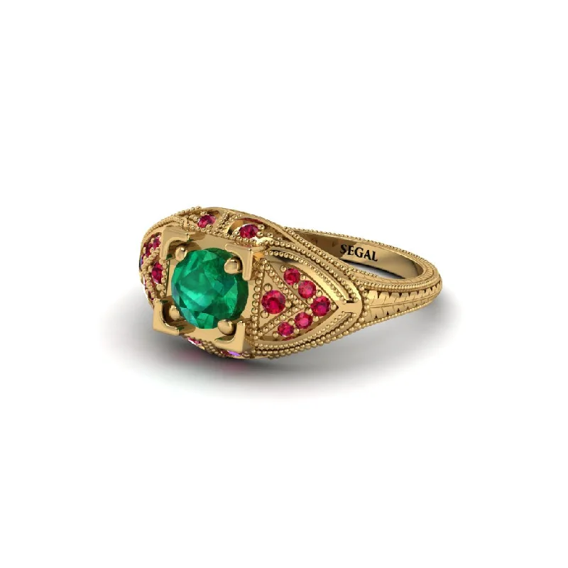 Colored Gemstone Ring for Fashion-Round Emerald Filigree Art Deco Vintage Engagement Ring - Bree No. 49